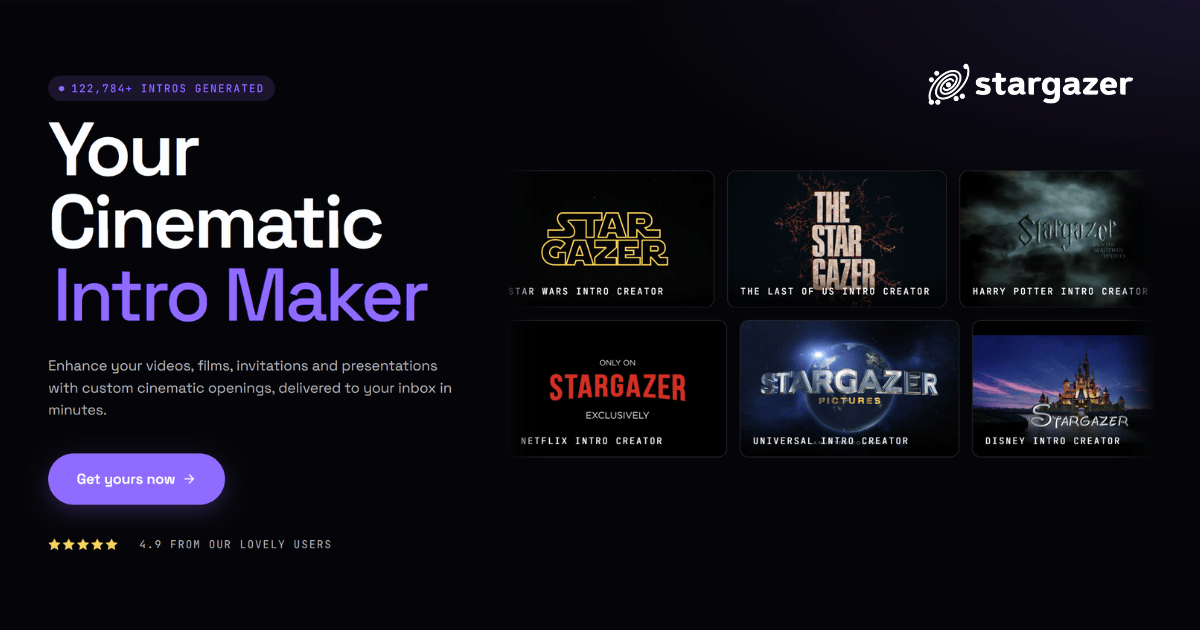 Stargazer themed cinematic intro maker homepage